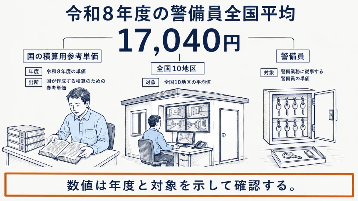 令和8年度の警備員全国平均17,040円を年度・対象・出所に分けて確認する図解(図中の金額は1日〈8時間〉当たりの日割基礎単価で、割増賃金や業務管理費・一般管理費等の諸経費を含まない)