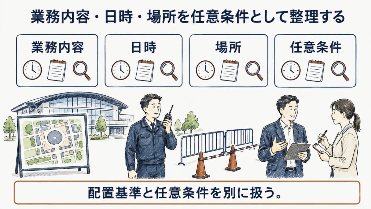 業務内容・日時・場所を任意条件として整理し、配置基準と別に扱うことを示す図