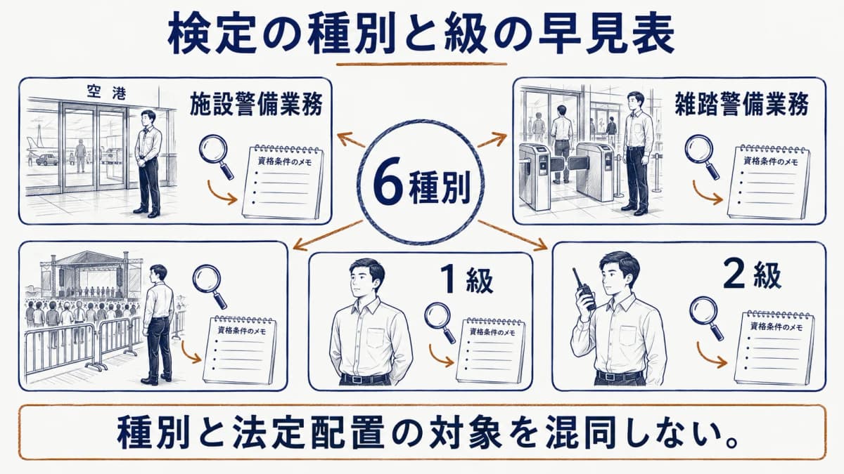 検定の6種別と1級・2級の区分を並べ、種別と法定配置の対象を分けて読む早見図