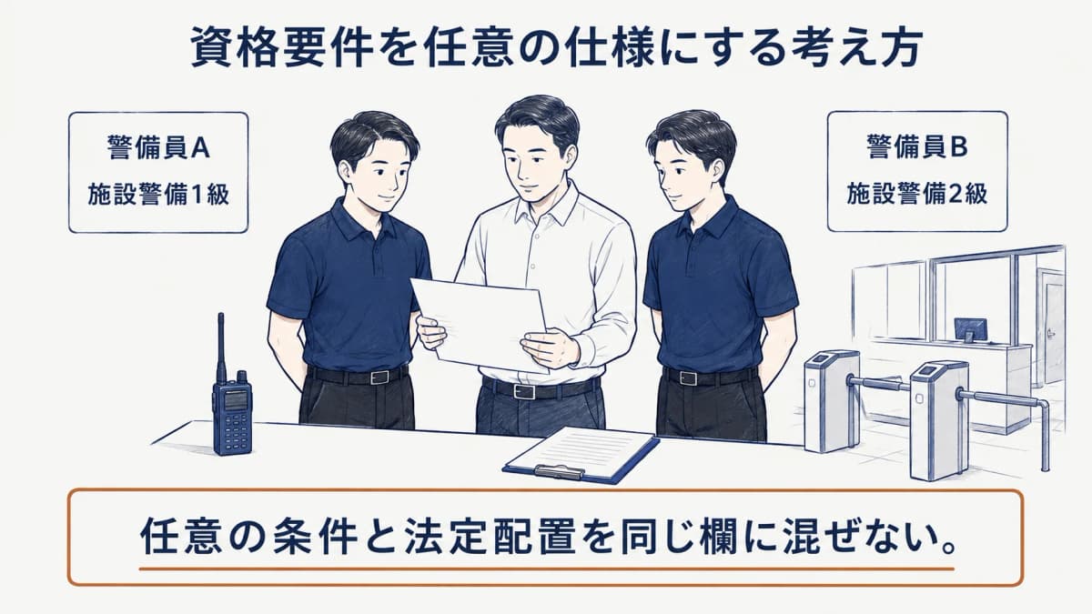 警備員A・Bの資格の目安を、任意の仕様として整理するときの考え方を示す図