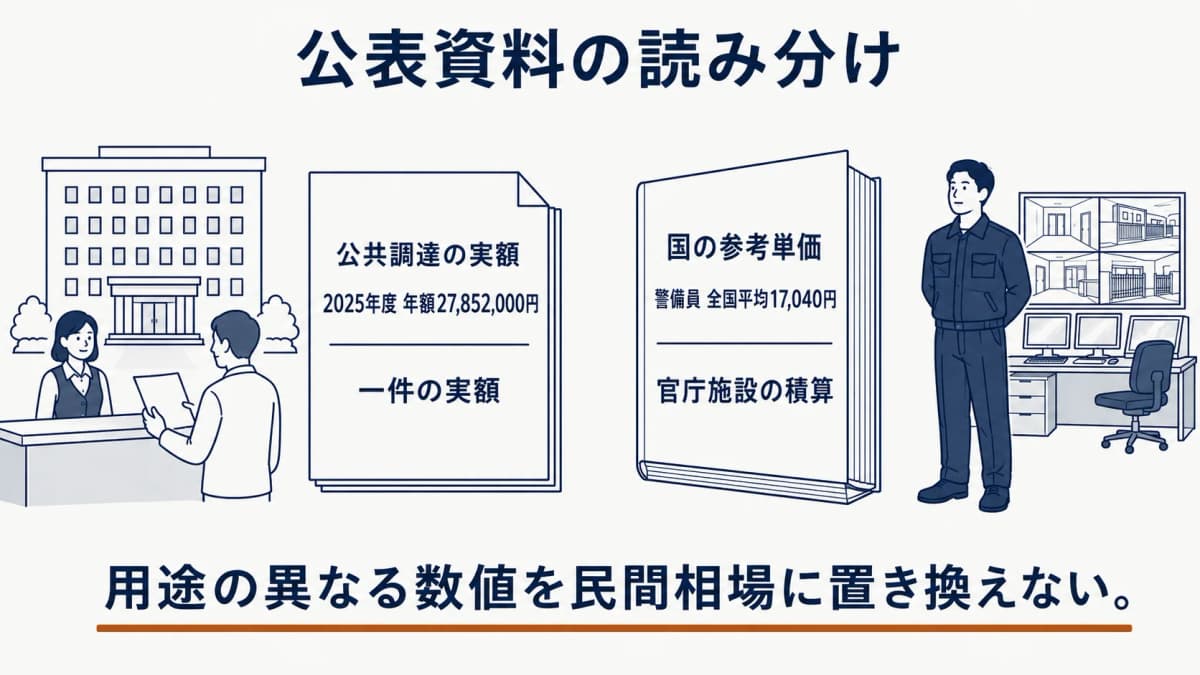 公共調達の実額と国の参考単価を別々に読む書類と防災センターの図解(図中の参考単価は1日〈8時間〉当たりの日割基礎単価で、割増賃金や業務管理費・一般管理費等の諸経費を含まない)