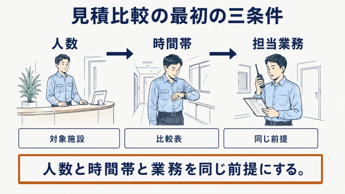 見積比較の前に人数、時間帯、業務内容を整理する受付と警備員の図解