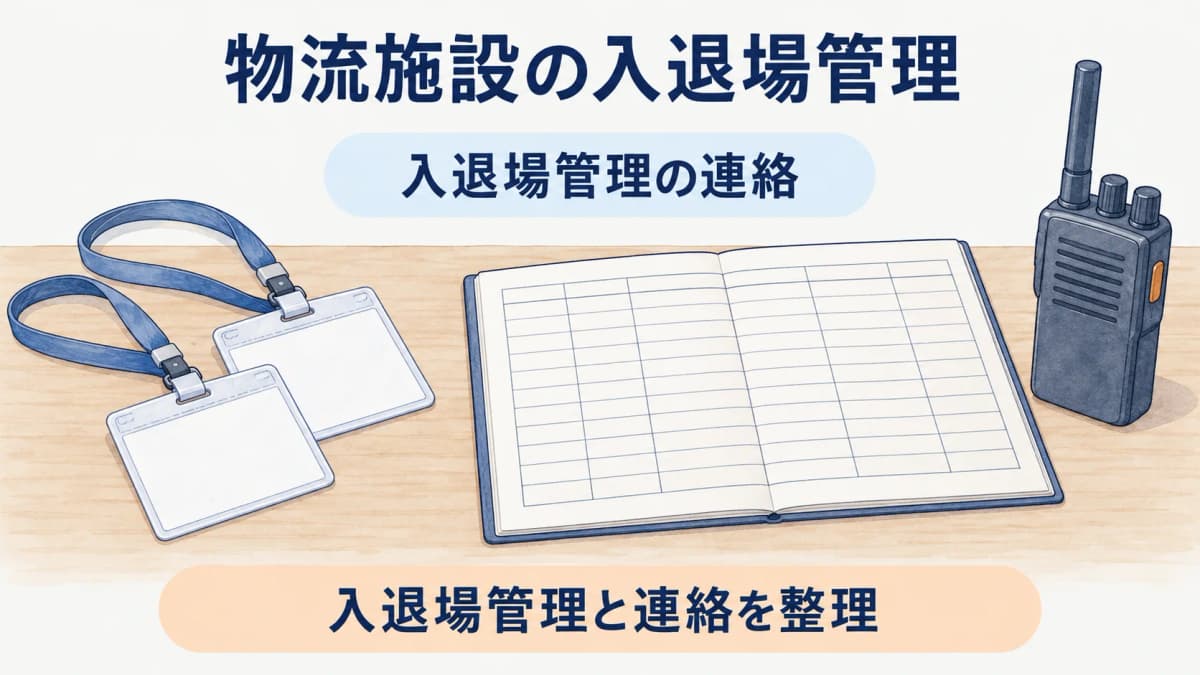 入館証の台帳と無線機で連絡先と記録を整理する図