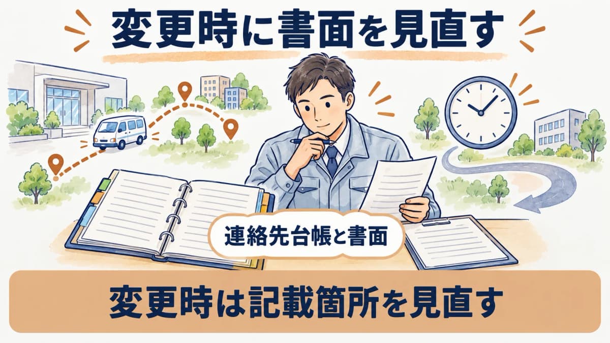 書面と連絡先台帳を見直す施設管理者の図
