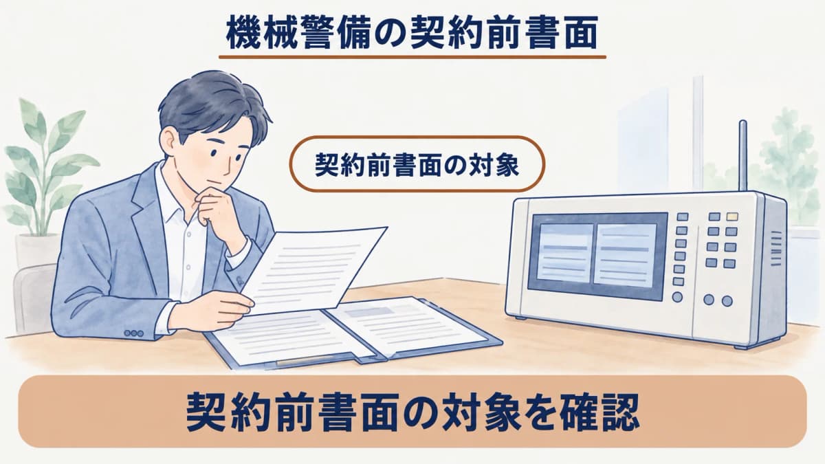 契約書面と機械警備の受信機を並べた契約前確認の図