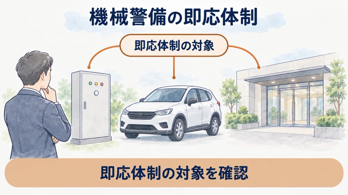基地局の受信盤と警備車両で即応体制を示す図