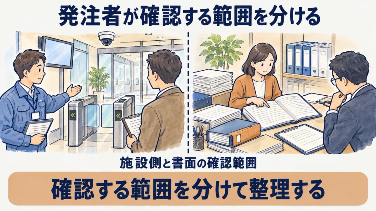 入退館ゲートと連絡先台帳で発注者の確認範囲を分ける図