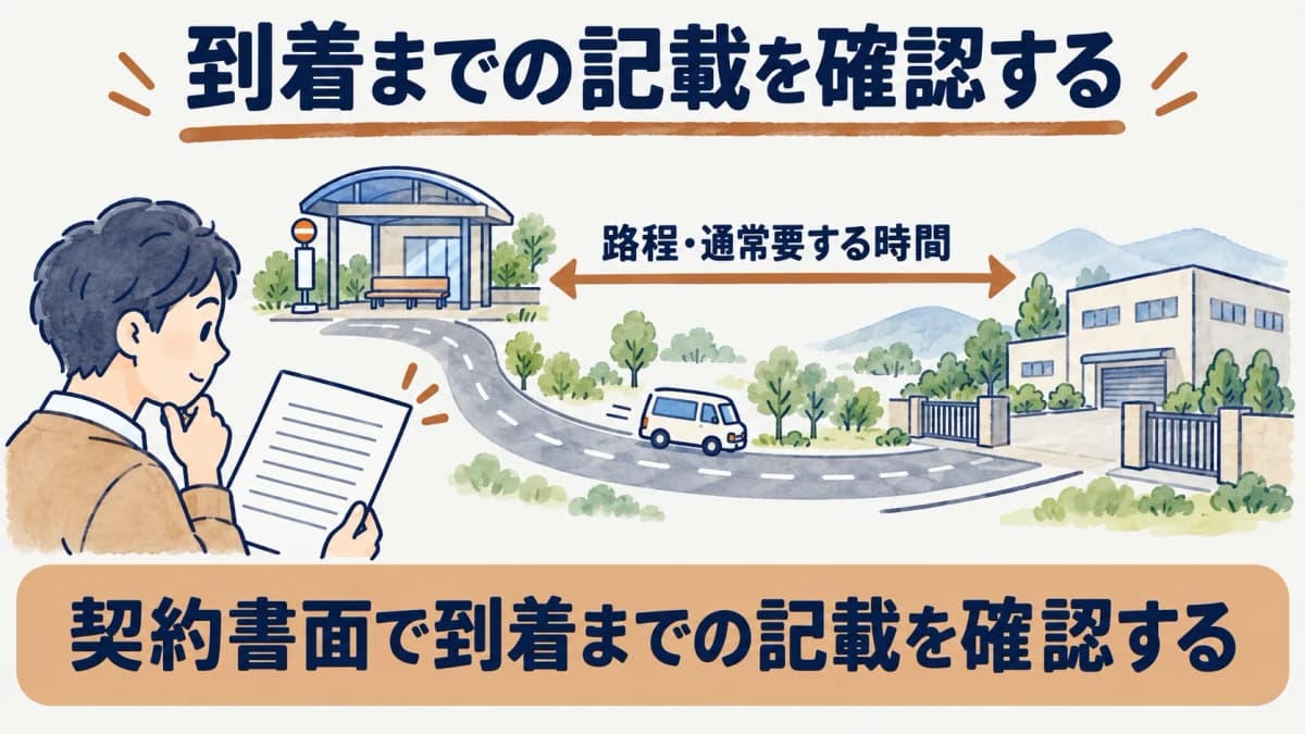 待機所と対象施設の路程を契約書面で確認する図