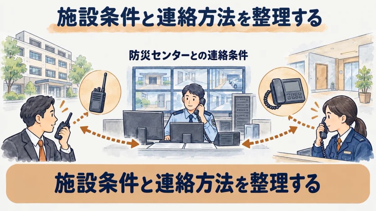 無線機と防災センターのモニターで連絡条件を整理する図