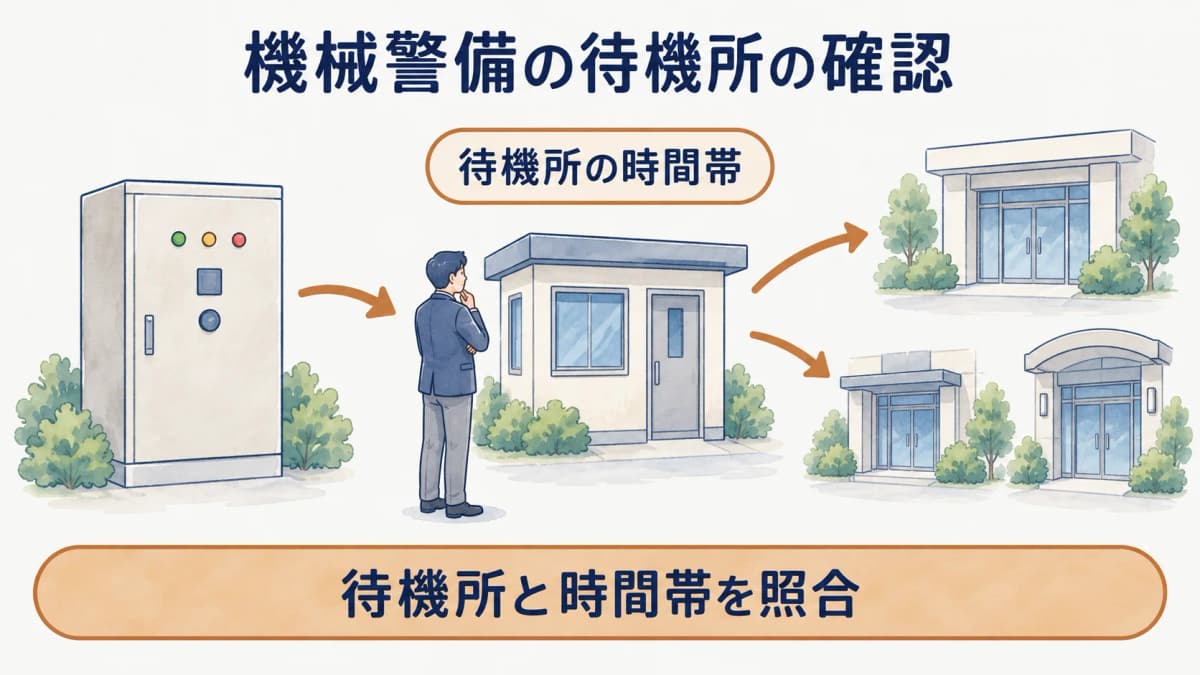 待機所の受信盤と複数施設の出入口を対応させる図