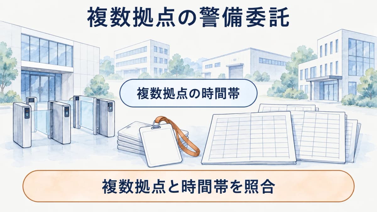 入退館ゲートと入館証の台帳で拠点固有条件を示す図