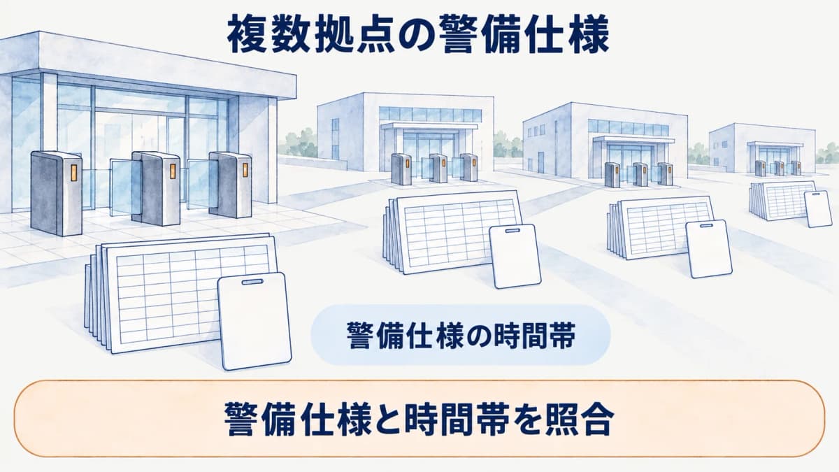 入退館ゲートと入館証の台帳で拠点別例外を示す図