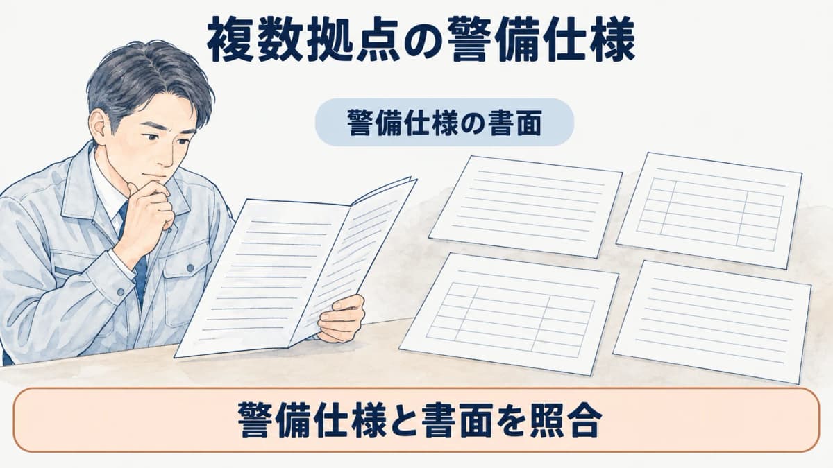 契約書面と拠点別仕様表を照合する発注者の図
