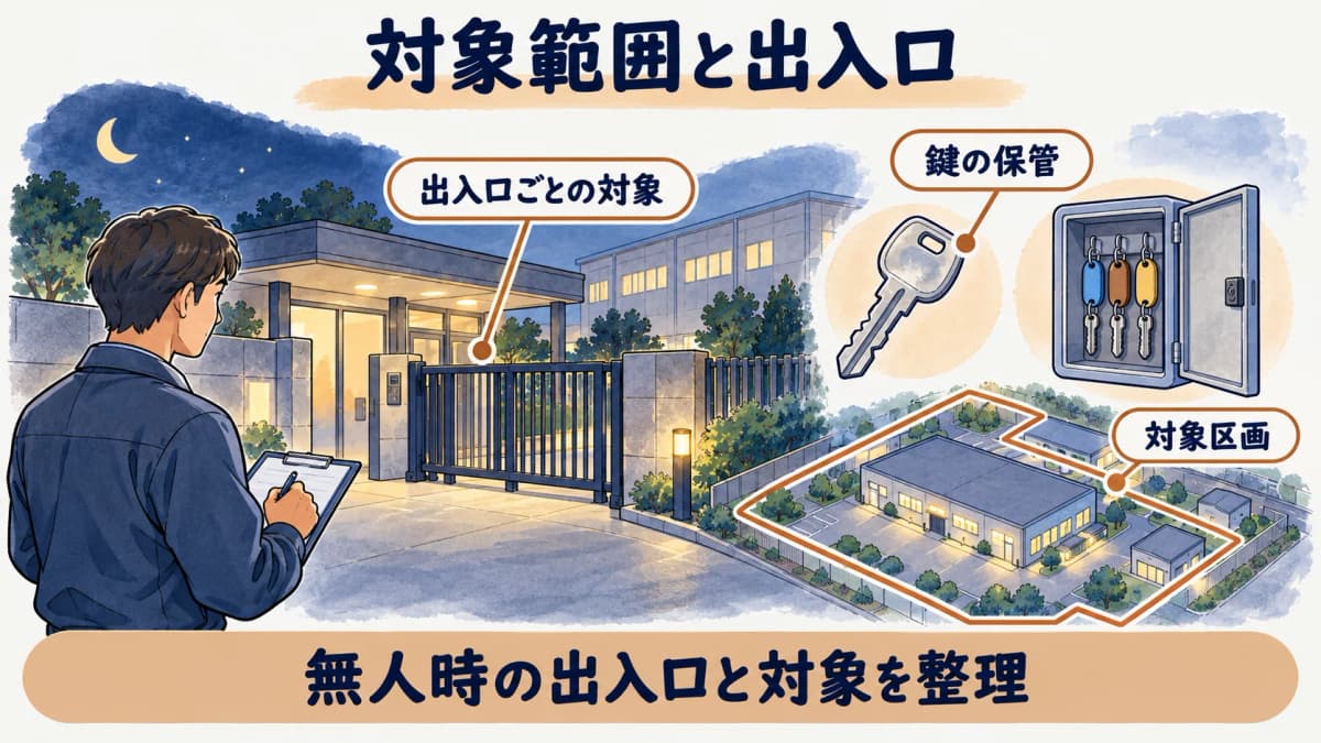 鍵とキーボックス、入退館ゲートで対象範囲を示す図