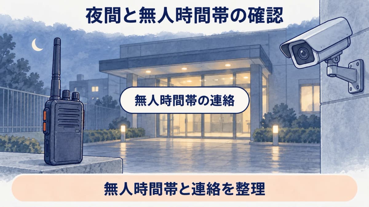 無線機と防犯カメラで夜間の連絡方法を整理する図
