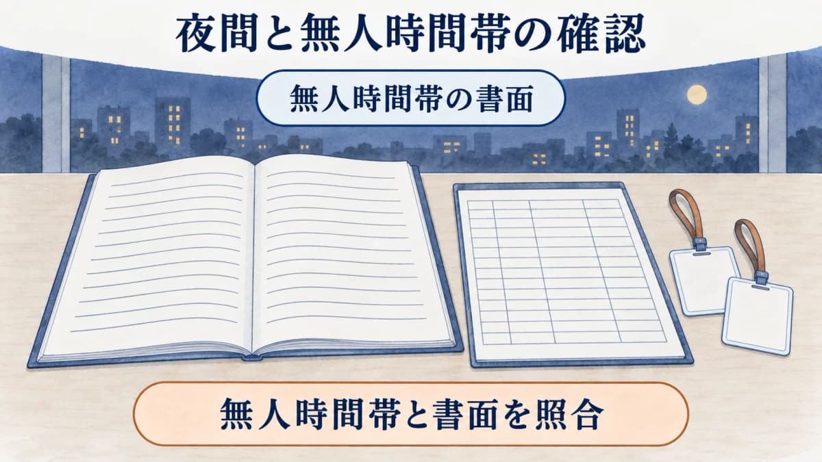 契約書面と入館証の台帳で時間帯別条件を確認する図