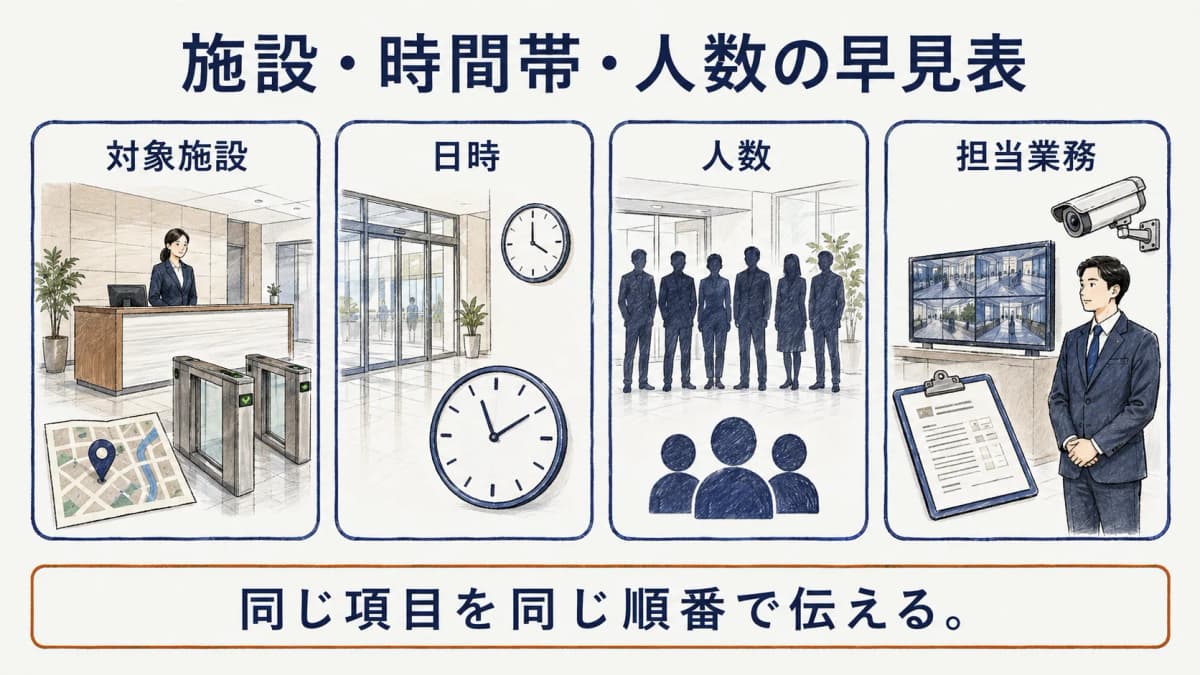 オフィスビルの受付ゲートと防犯カメラの前で施設と時間帯と人数を整理する発注担当者