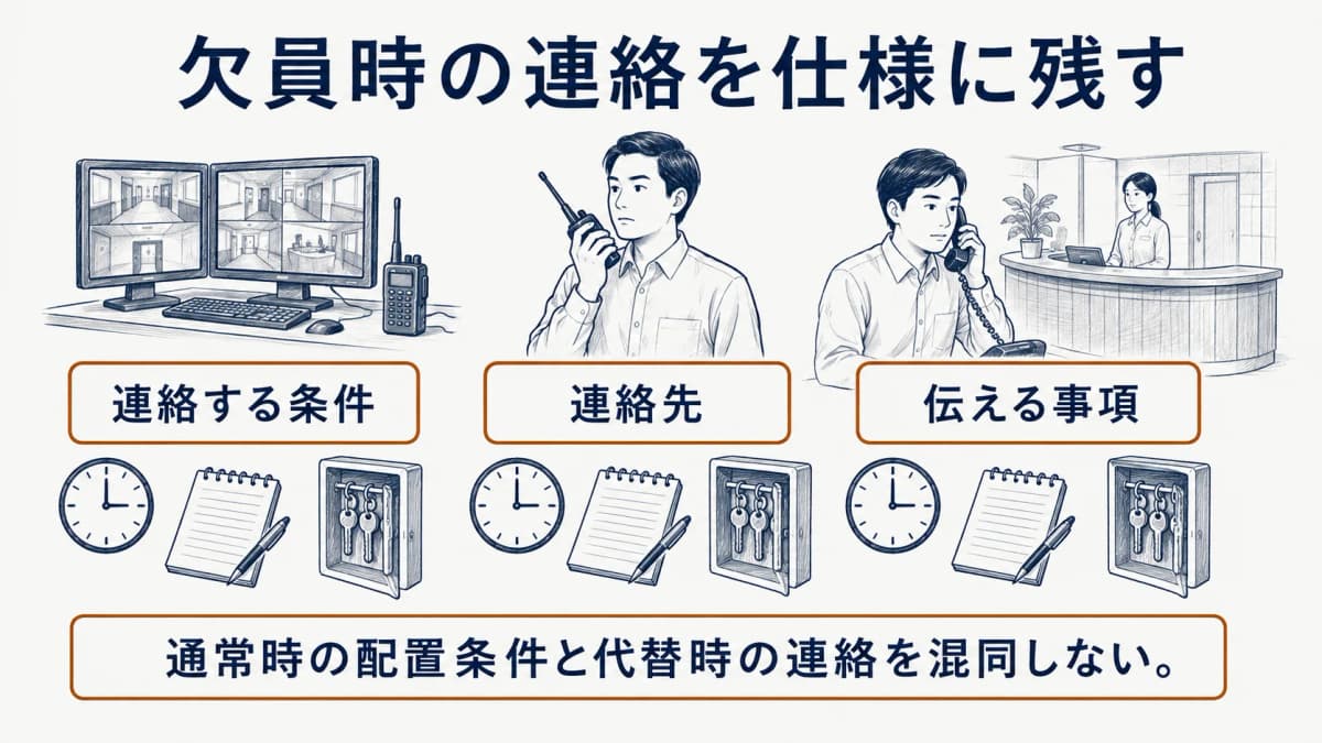 警備員詰所のモニターと無線機で連絡する条件と連絡先と伝える事項を確認する様子