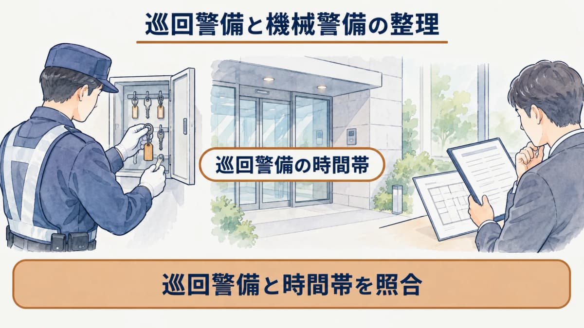 鍵とキーボックスを確認する巡回場面を示す図