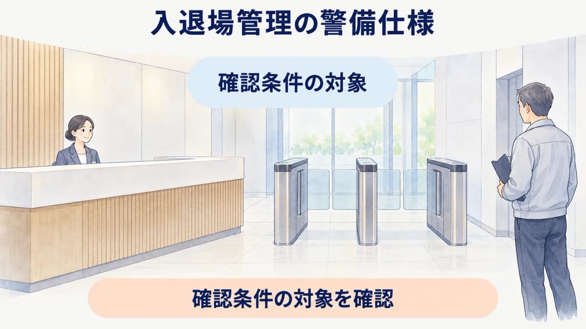 受付カウンターと入退館ゲートで仕様の対象を示す図