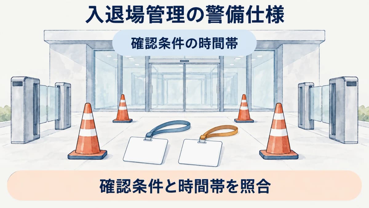 出入口とカラーコーン、入館証で時間帯条件を示す図