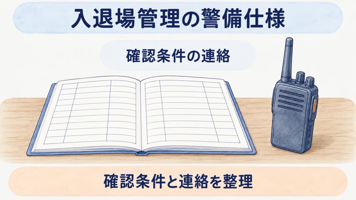 入退場記録の台帳と無線機で連絡と記録を分ける図