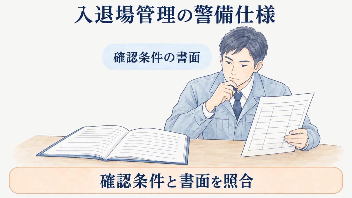 契約書面と入退館ゲートの仕様表を照合する図