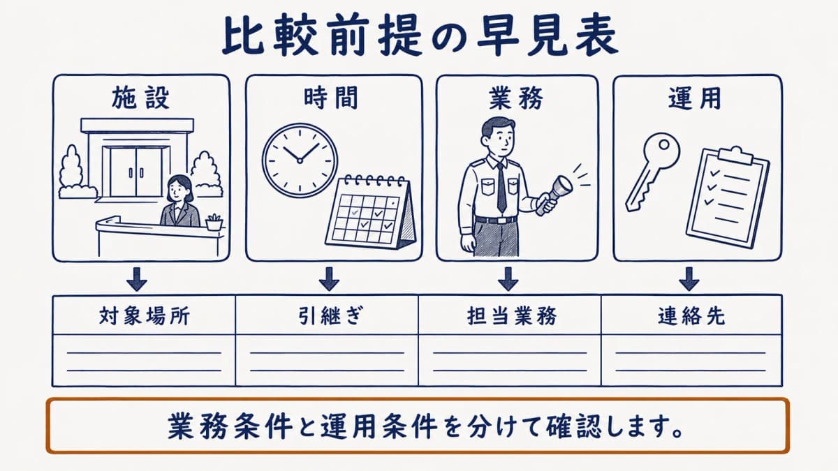 施設・時間・業務・運用の4区分で、比較前提の早見表を整理する図