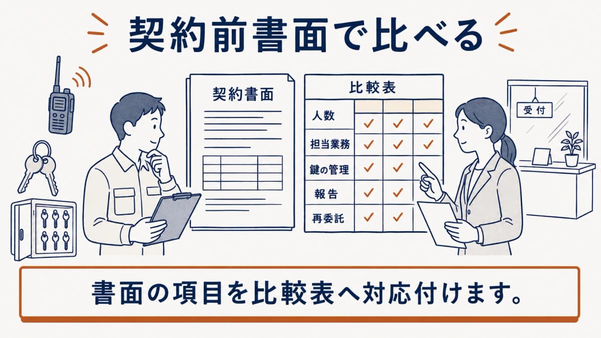 契約書面と比較表を前に、施設管理と総務購買の担当者が確認順を相談する図