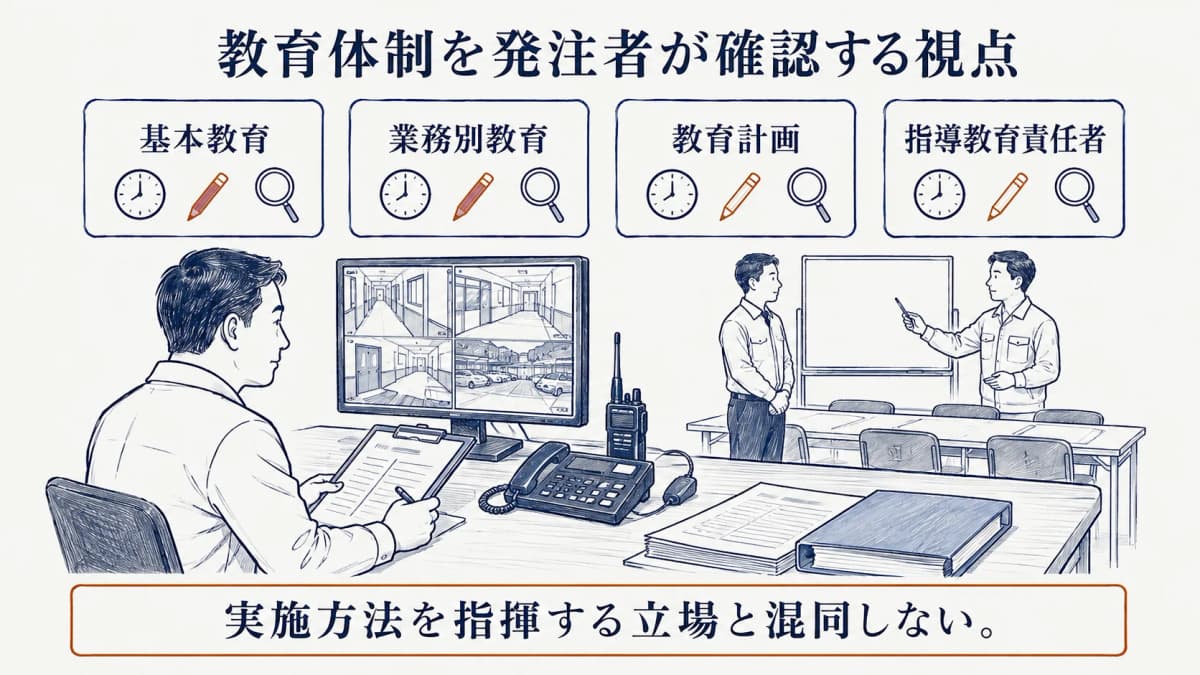 教育時間と教育体制を二つの確認表に分けて見る施設管理者と受付警備員
