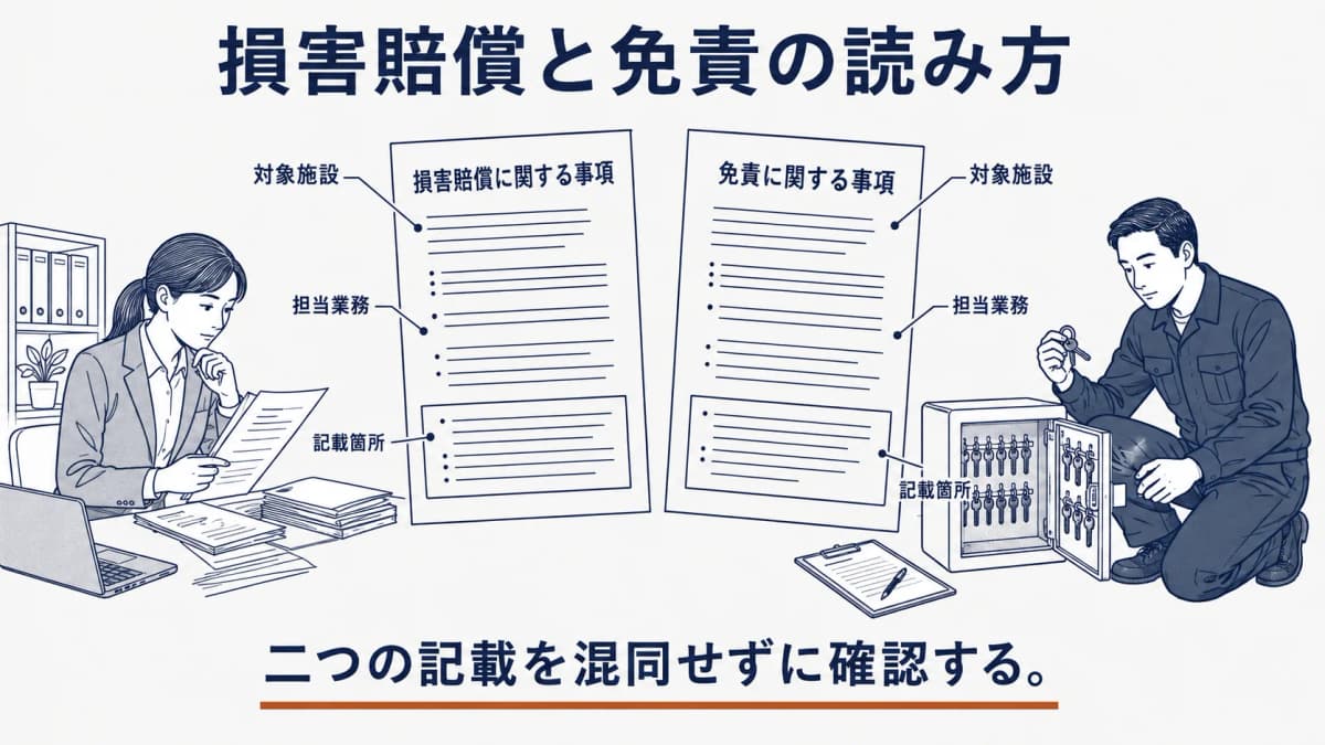 損害賠償と免責の記載を別々に読み比べる契約書面の図解