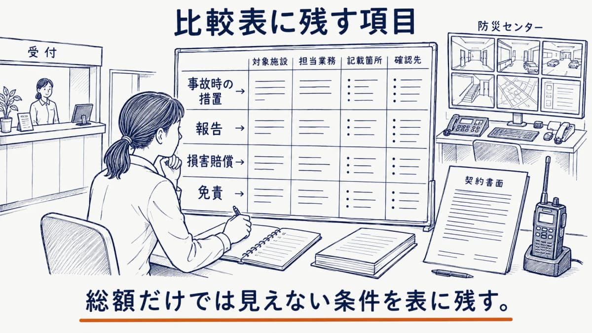 事故時の措置・報告・損害賠償・免責を、対象施設や担当業務と対応させて比較表に残す図