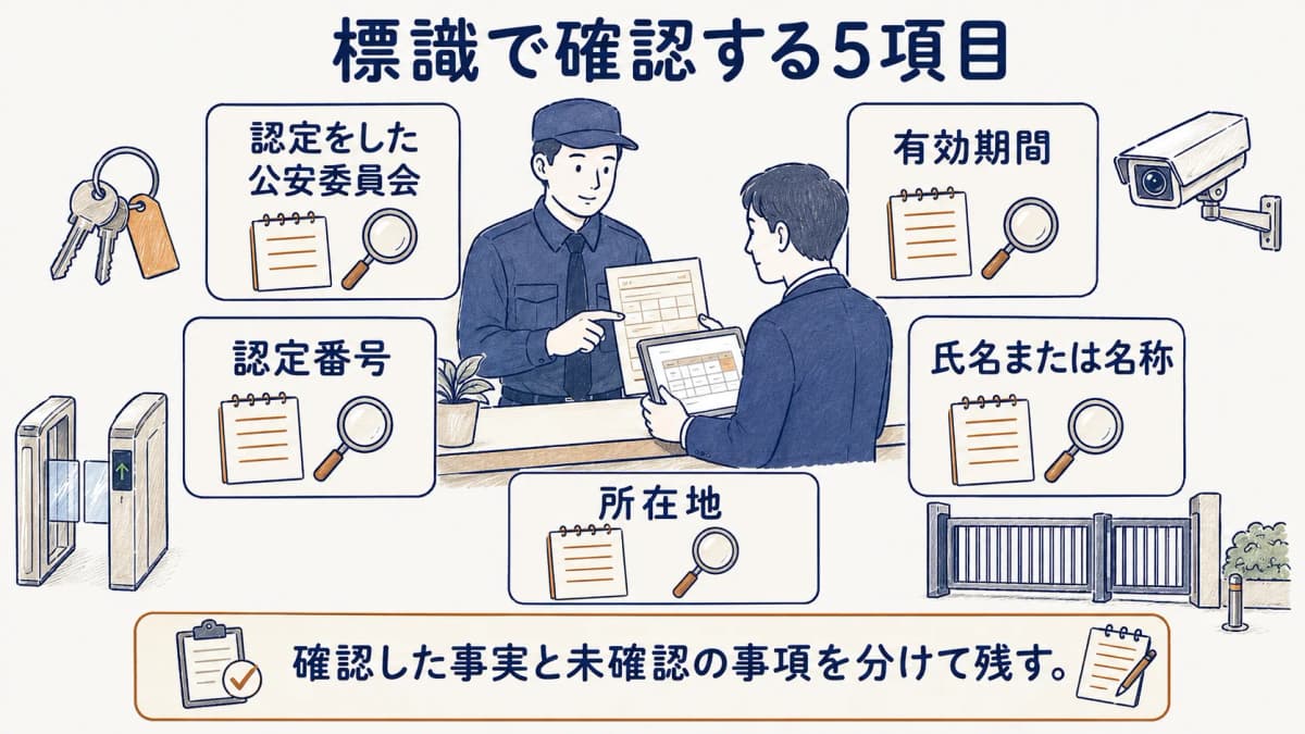 警備会社の標識で確認する五つの項目を受付カウンターで整理する様子