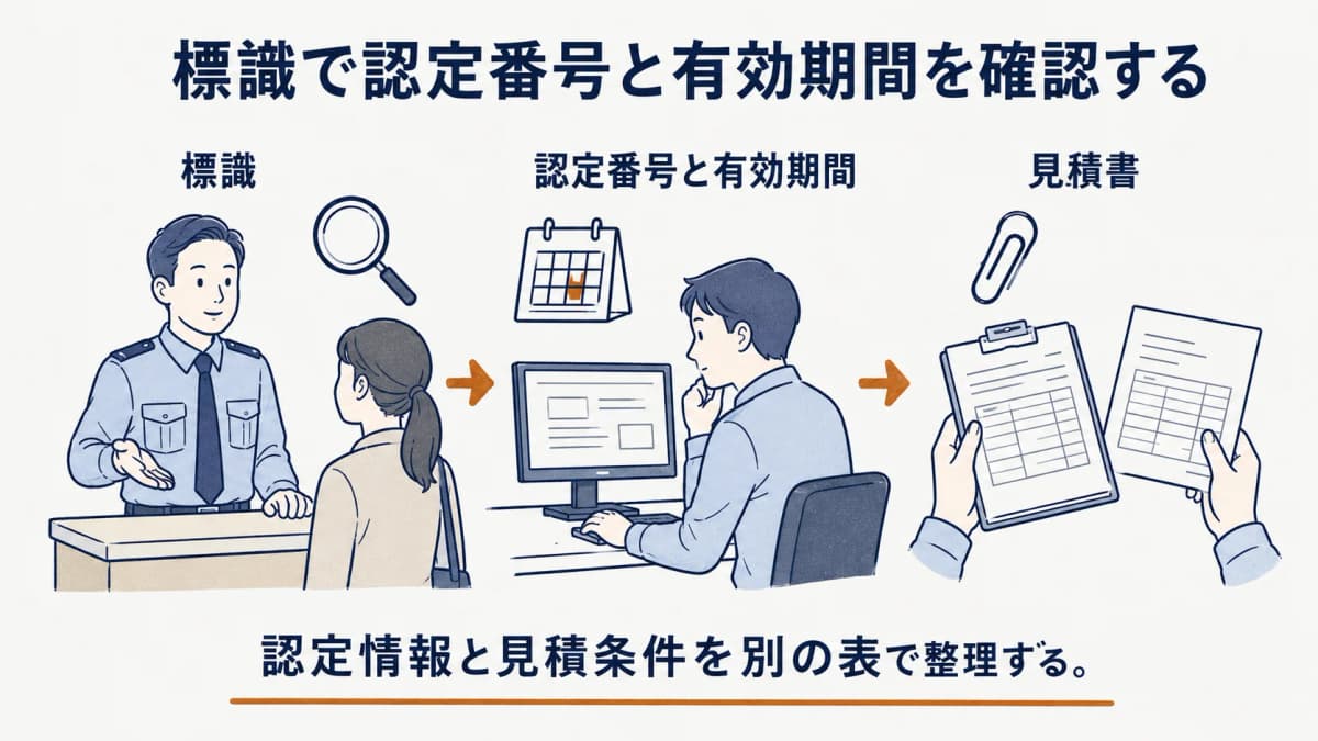 標識の認定番号と有効期間を読み取り、見積書の相手方情報と照らす手順を示す図