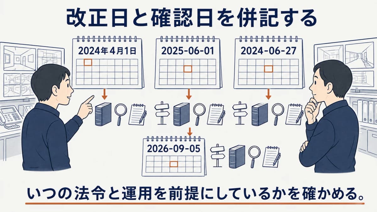 法令の改正日と確認日を併記し、いつの法令と運用を前提にしているかを確かめる図