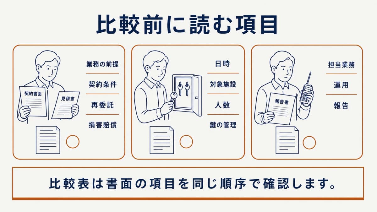 契約書面と見積書、鍵とキーボックス、報告書と無線機の3組で比較前に読む項目を分ける図