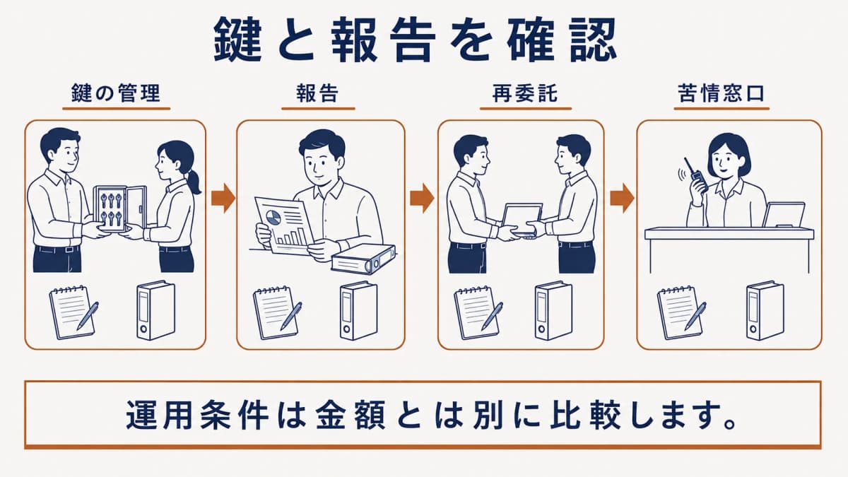 鍵とキーボックス、報告書、無線機を使って運用条件を確認する図