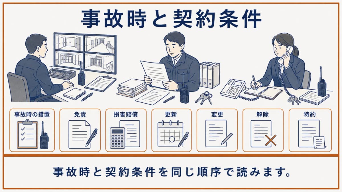 防災センターのモニターと契約書面を前に、事故時の連絡順序を確認する図