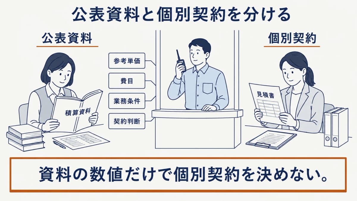 公表資料と個別契約の条件を分けて確認する総務担当者と警備員の図解