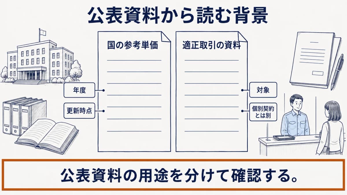 国の参考単価の変動と適正取引の資料を二つの書類として読む図解