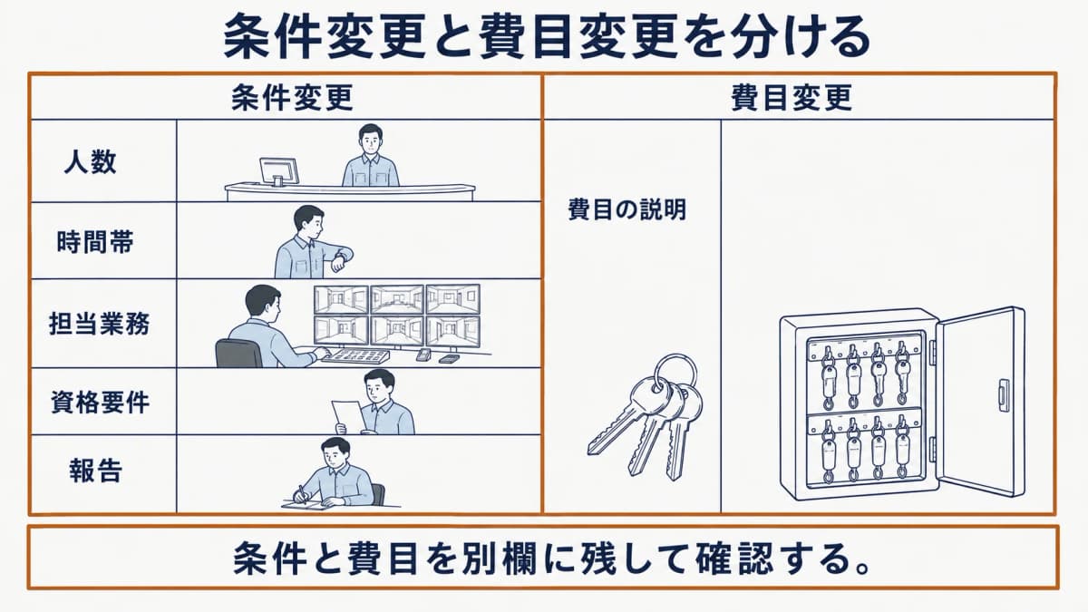条件変更と費目変更を別々の欄に整理する比較表と防災センターの図解