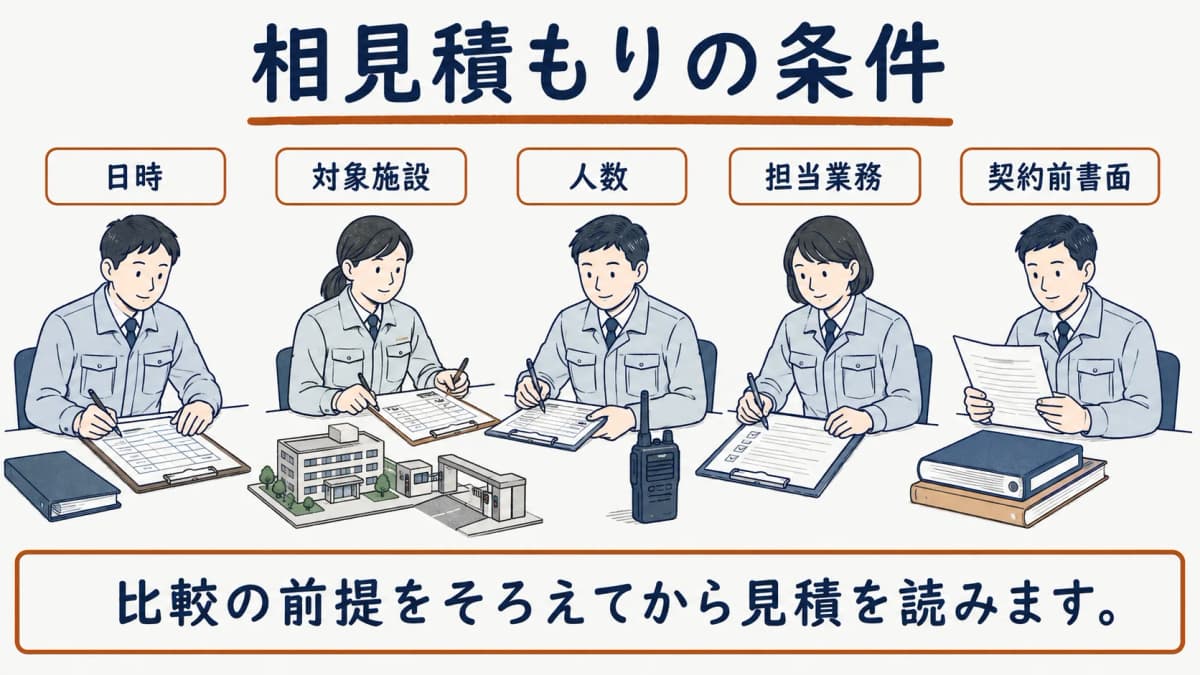 日時・対象施設・人数・担当業務・契約前書面を相見積もりの共通条件としてそろえる図