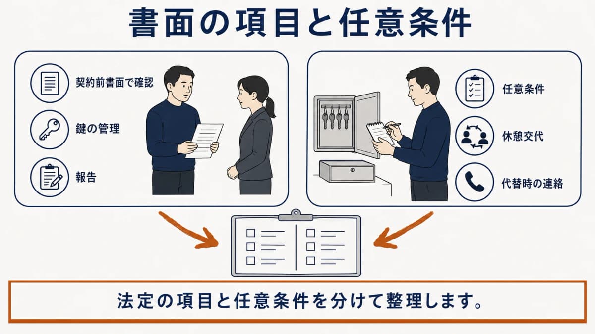 契約前書面で確認する法定項目と、休憩交代などの任意条件を分けて一覧に整理する図