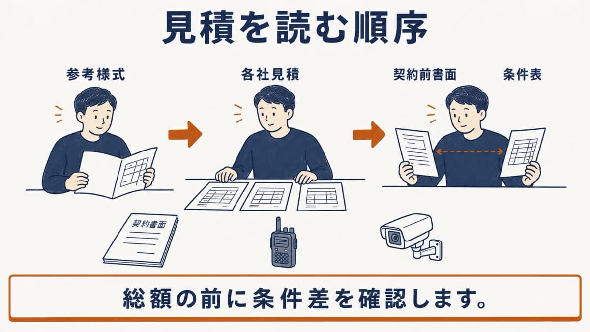 見積書と契約書面を分けて読む発注担当者、机上の無線機と防犯カメラを描く図