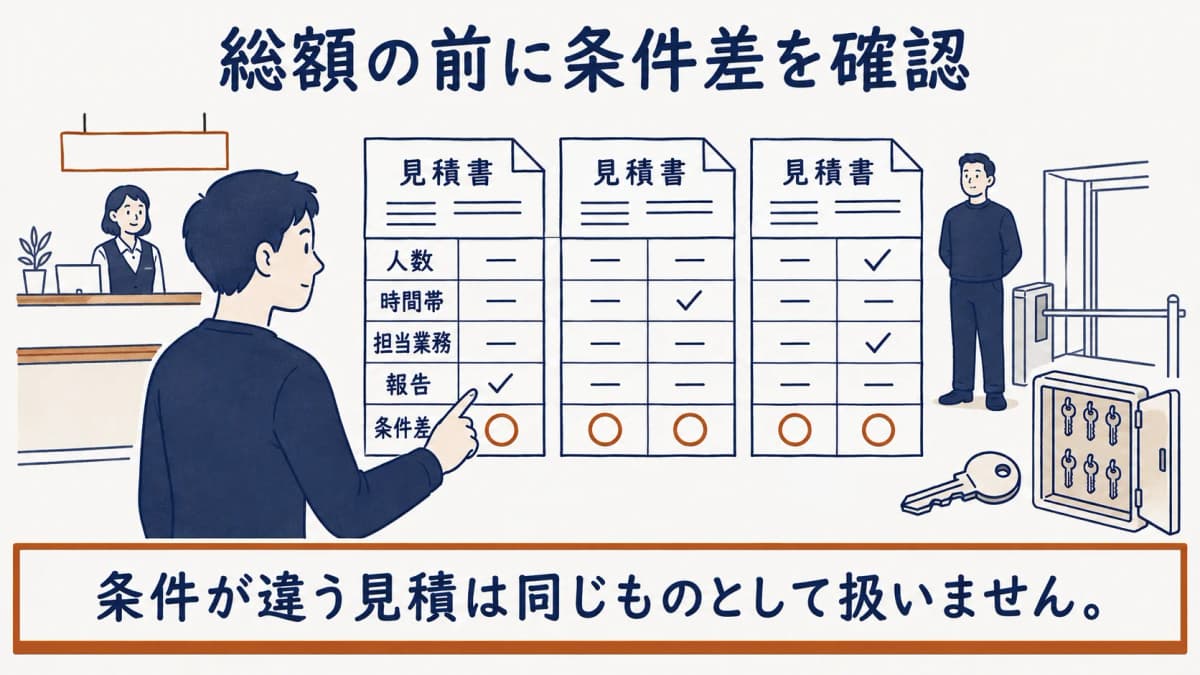 複数の見積書を横に並べ、条件差を確認する施設管理担当者の図