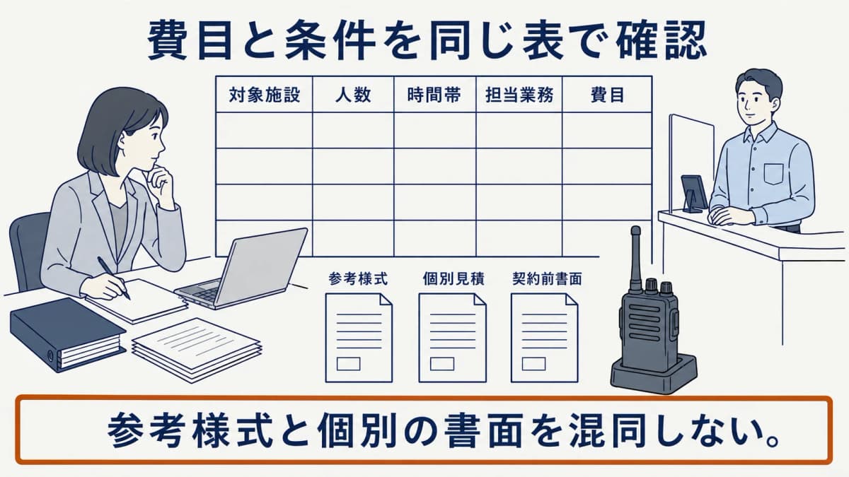 費目と業務条件を同じ比較表に整理する総務担当者と受付警備員の図解
