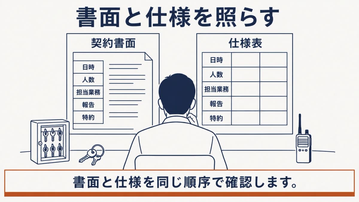 契約書面と仕様表を横に置き、発注担当者が照合する図