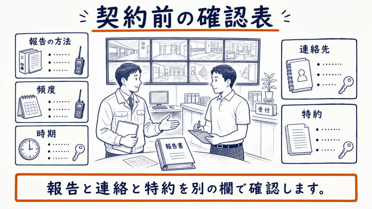 報告書、受付カウンター、防災センターのモニターを使った契約前確認表の図