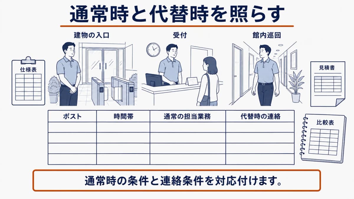 ポスト・時間帯・通常の担当業務・代替時の連絡を一つの表で対応付ける図