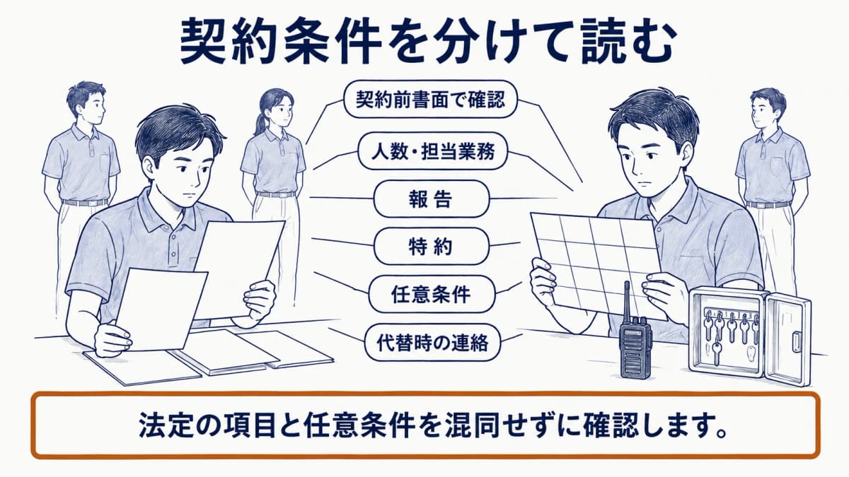 比較表の通常条件と代替時の連絡条件を分け、制服の警備員と鍵を描く図